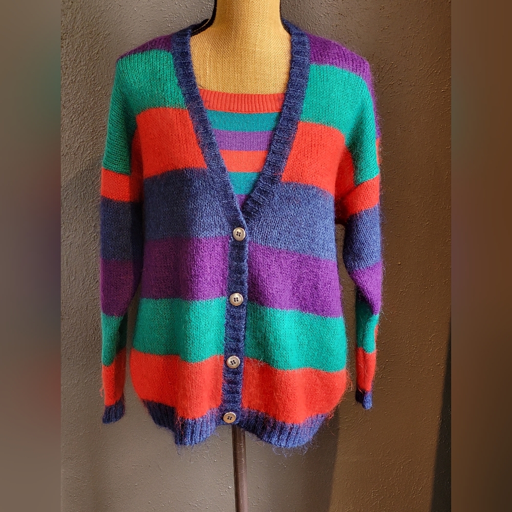 Knit Knit Acrylic & Mohair Striped Cardigan With Matching Knit Tank Top Large